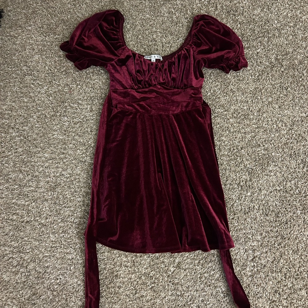 Velvet Burgundy Dress with Puff Sleeves